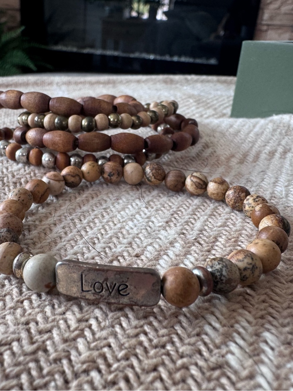 Love Beaded Stack Bracelet Set - Natural Brown Stone and Metal Accents